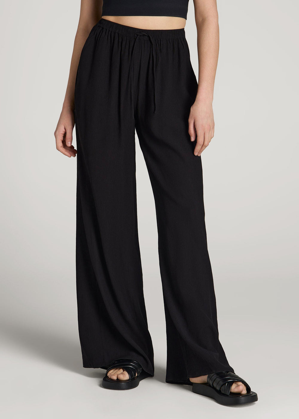 American Tall For Sale | Crinkle Pull-on Wide-leg Pants for Tall Women in Black