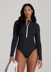 American Tall Outlet | Long Sleeve UPF 50 One Piece Swimsuit for Tall Women in Black