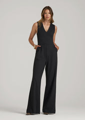American Tall Outlet | Soft Flex Ponte Wide-Leg V-Neck Jumpsuit for Tall Women in Black