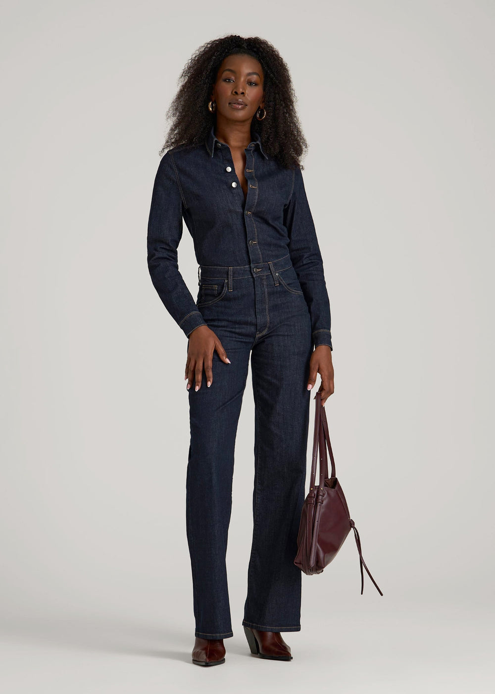 American Tall Online Shop | Long Sleeve Denim Jumpsuit for Tall Women in Rinse Wash