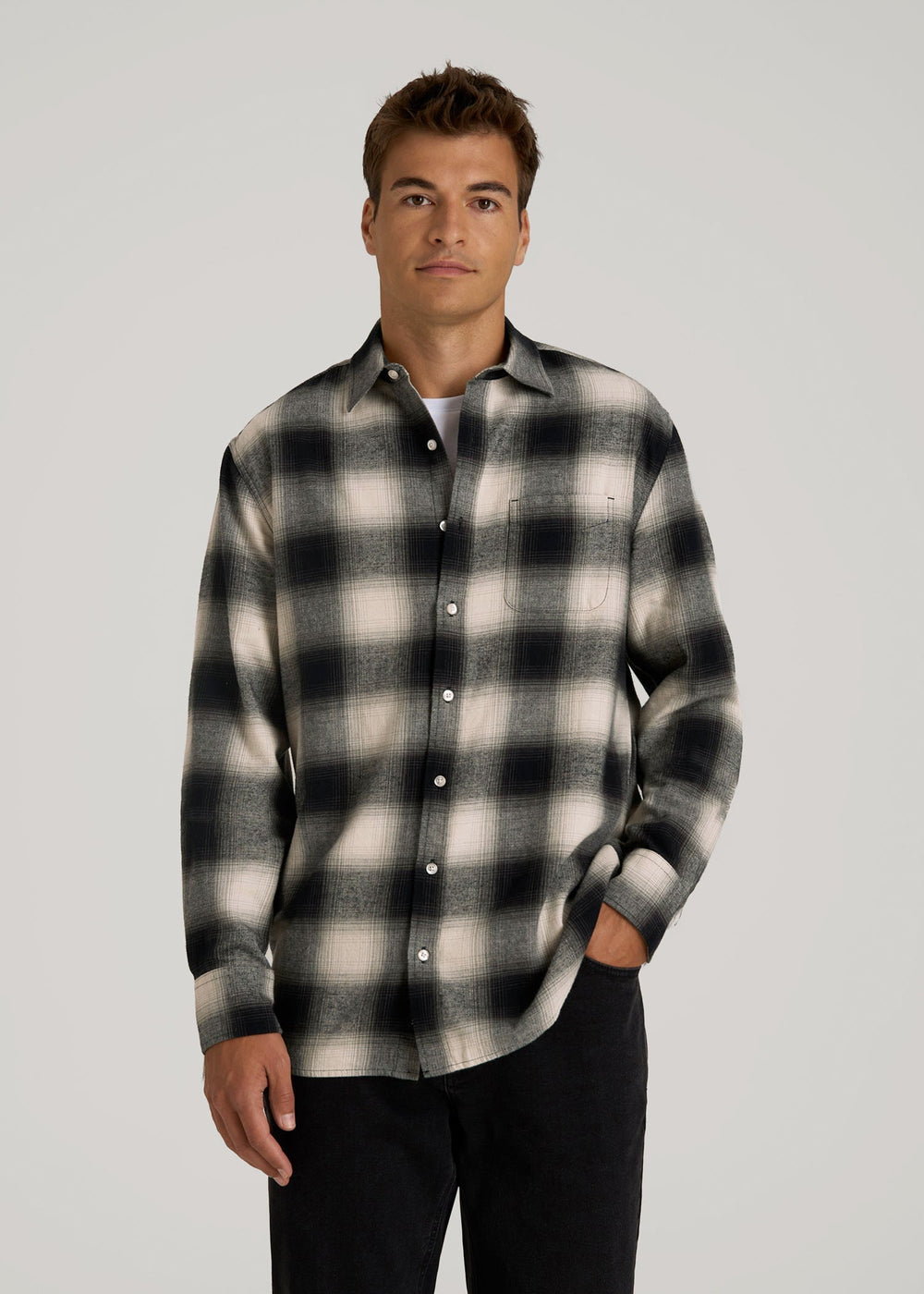 American Tall Outlet | Nelson Flannel Shirt for Tall Men in Beige Blur Plaid