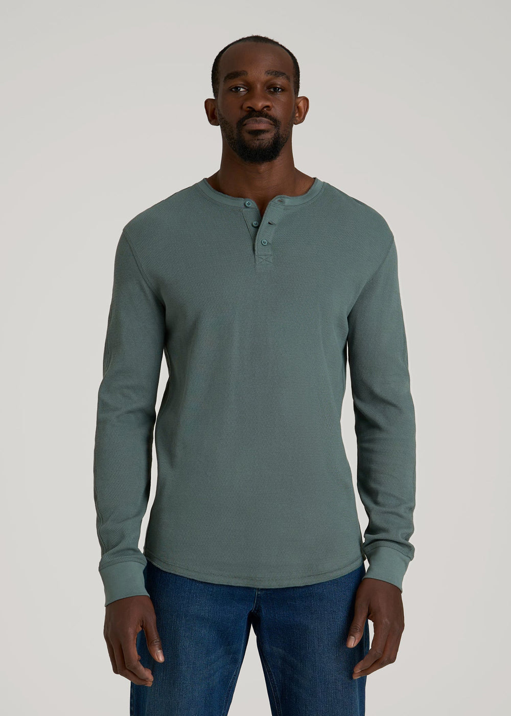 American Tall Discount | Double Honeycomb Thermal Long-Sleeve Henley Shirt for Tall Men in Balsam Green