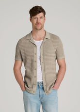 American Tall Online | Short Sleeve Crochet Polo Cardigan for Tall Men in Light Khaki
