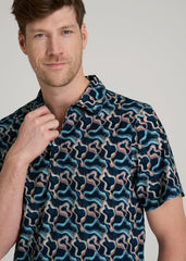 American Tall Outlet | Coastal Perforated Polo Shirt for Tall Men in Blue and Rose Abstract