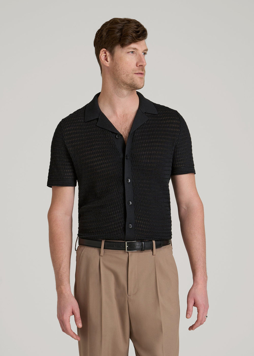 American Tall Sale | Short Sleeve Crochet Polo Cardigan for Tall Men in Black