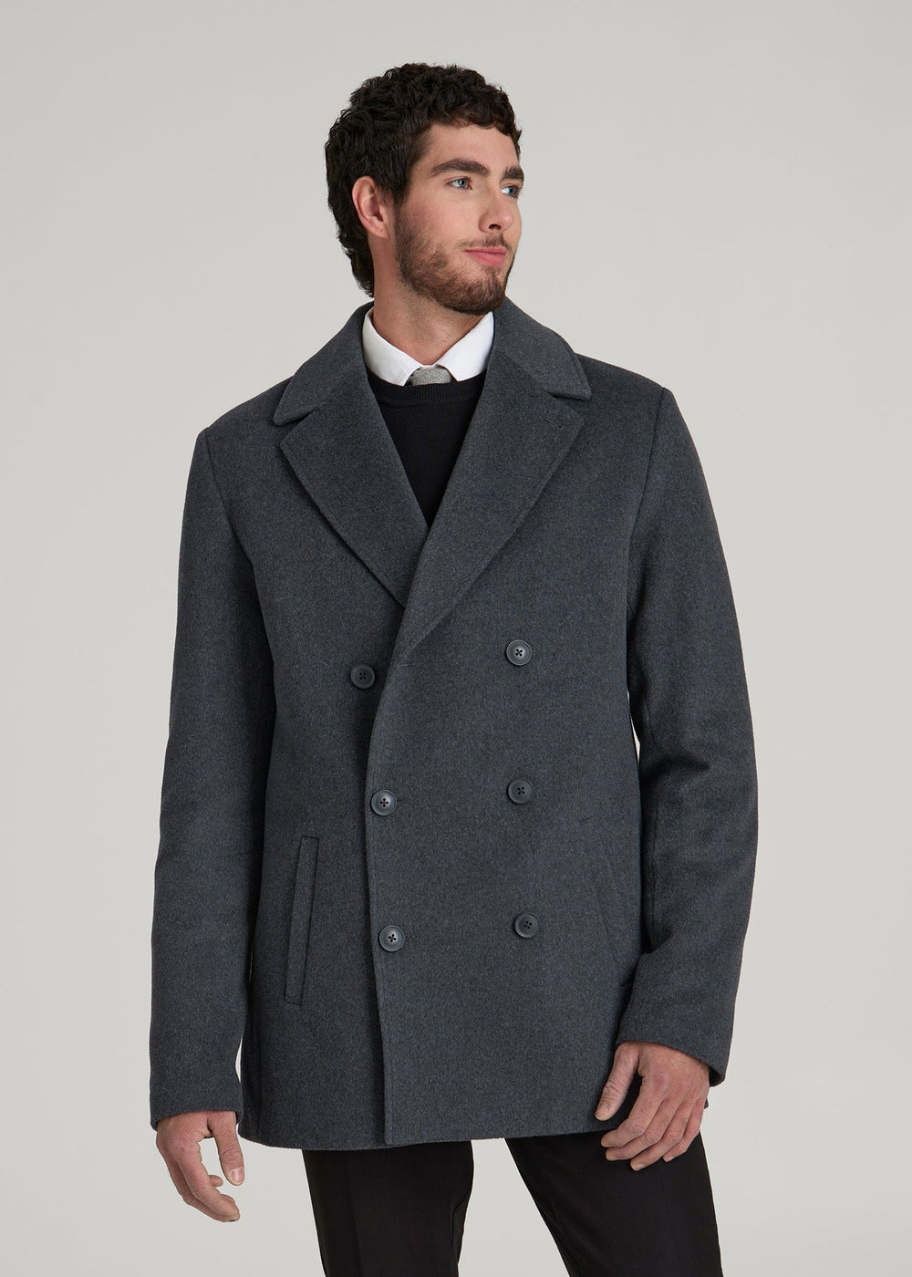 American Tall Online Shop | Double-Breasted Wool Peacoat for Tall Men in Dark Grey Mix