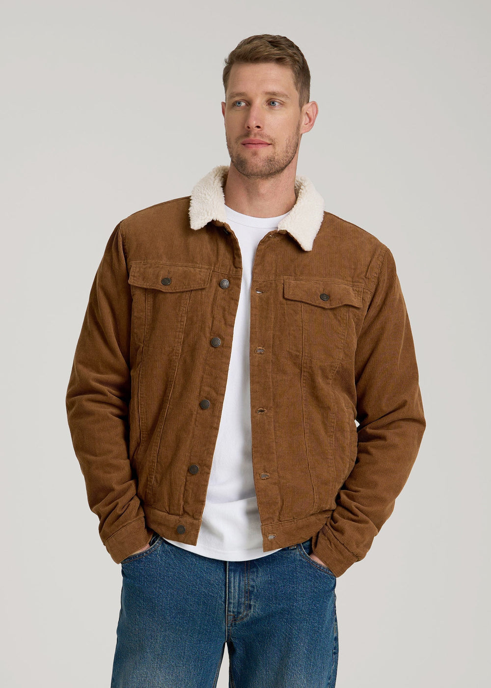 American Tall Discount | LJ&S Sherpa Corduroy Trucker Jacket for Tall Men in Tan Brown