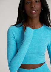 American Tall Sale | Compression Long Sleeve Cropped Training Top for Tall Women in Scuba Blue Mix
