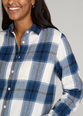 American Tall Outlet | Flannel Button-Up Shirt for Tall Women in Ocean Blue and White