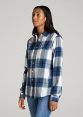 American Tall Outlet | Flannel Button-Up Shirt for Tall Women in Ocean Blue and White