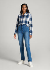 American Tall Outlet | Flannel Button-Up Shirt for Tall Women in Ocean Blue and White