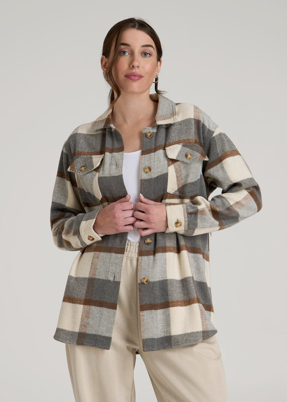 American Tall Online Shop | Flannel Shacket for Tall Women in Grey and Cream Plaid