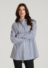 American Tall Online | Oversized Poplin Button Shirt for Tall Women in White and Navy Stripe