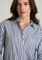 American Tall Online | Oversized Poplin Button Shirt for Tall Women in White and Navy Stripe