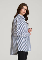 American Tall Online | Oversized Poplin Button Shirt for Tall Women in White and Navy Stripe