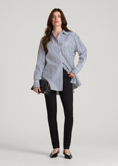 American Tall Online | Oversized Poplin Button Shirt for Tall Women in White and Navy Stripe