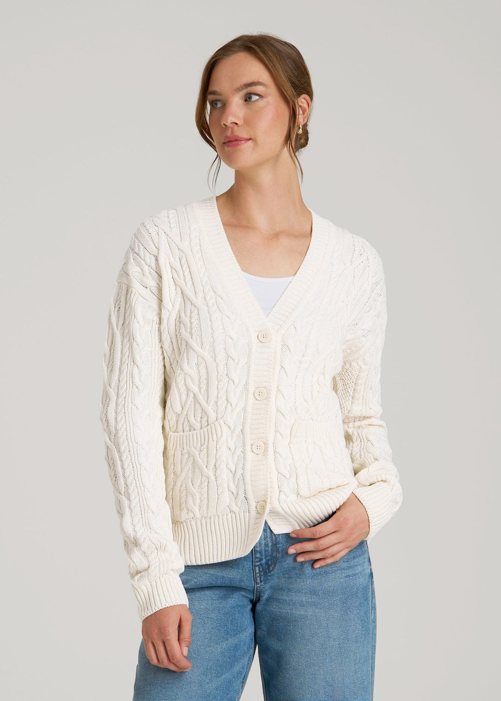 American Tall Online | Relaxed Cotton Cable Knit Cardigan for Tall Women in Ecru