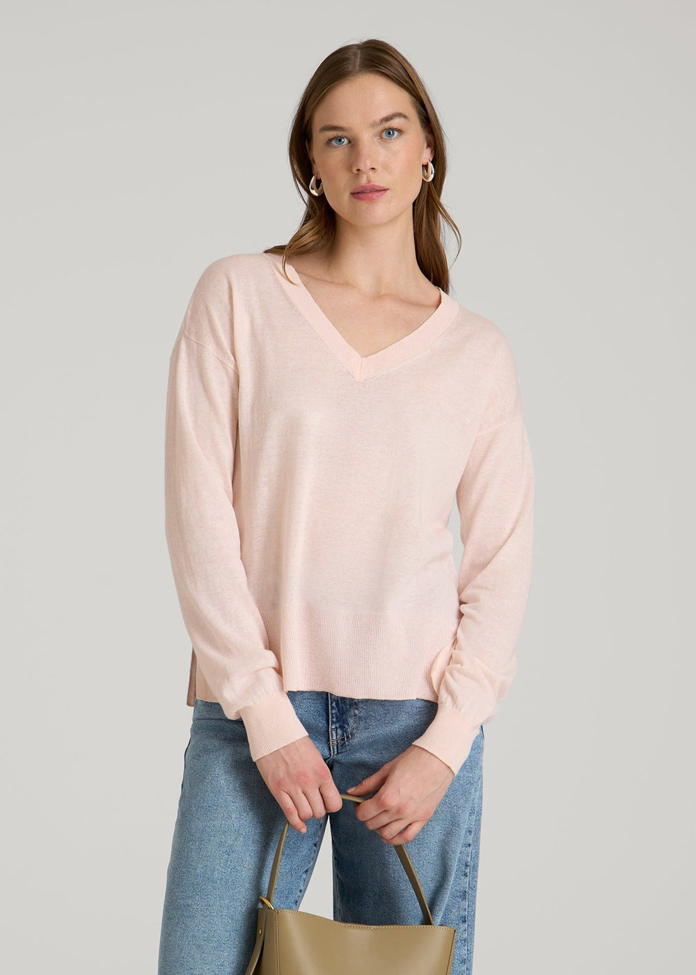 American Tall Outlet | Linen Blend Split Hem V-Neck Sweater for Tall Women in Hush Pink