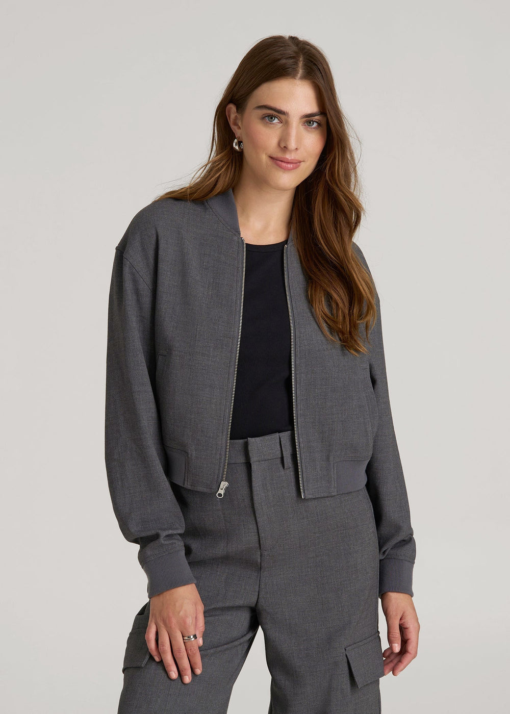 American Tall Outlet | Cropped Bomber Jacket for Tall Women in Graphic Charcoal