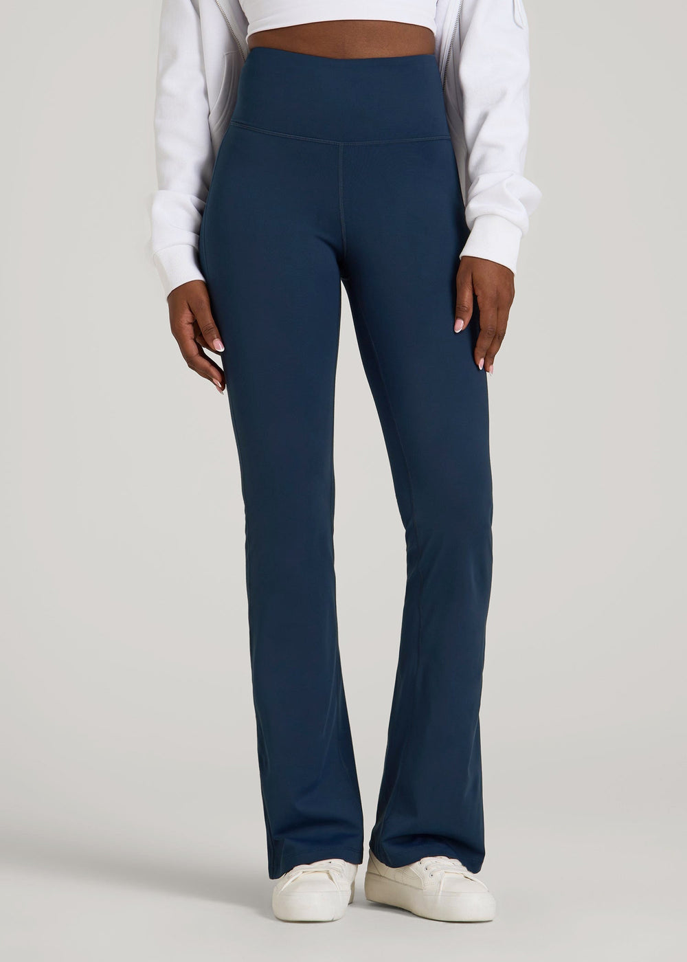 American Tall Discount | Balance Flare Yoga Pants for Tall Women in Navy Blue