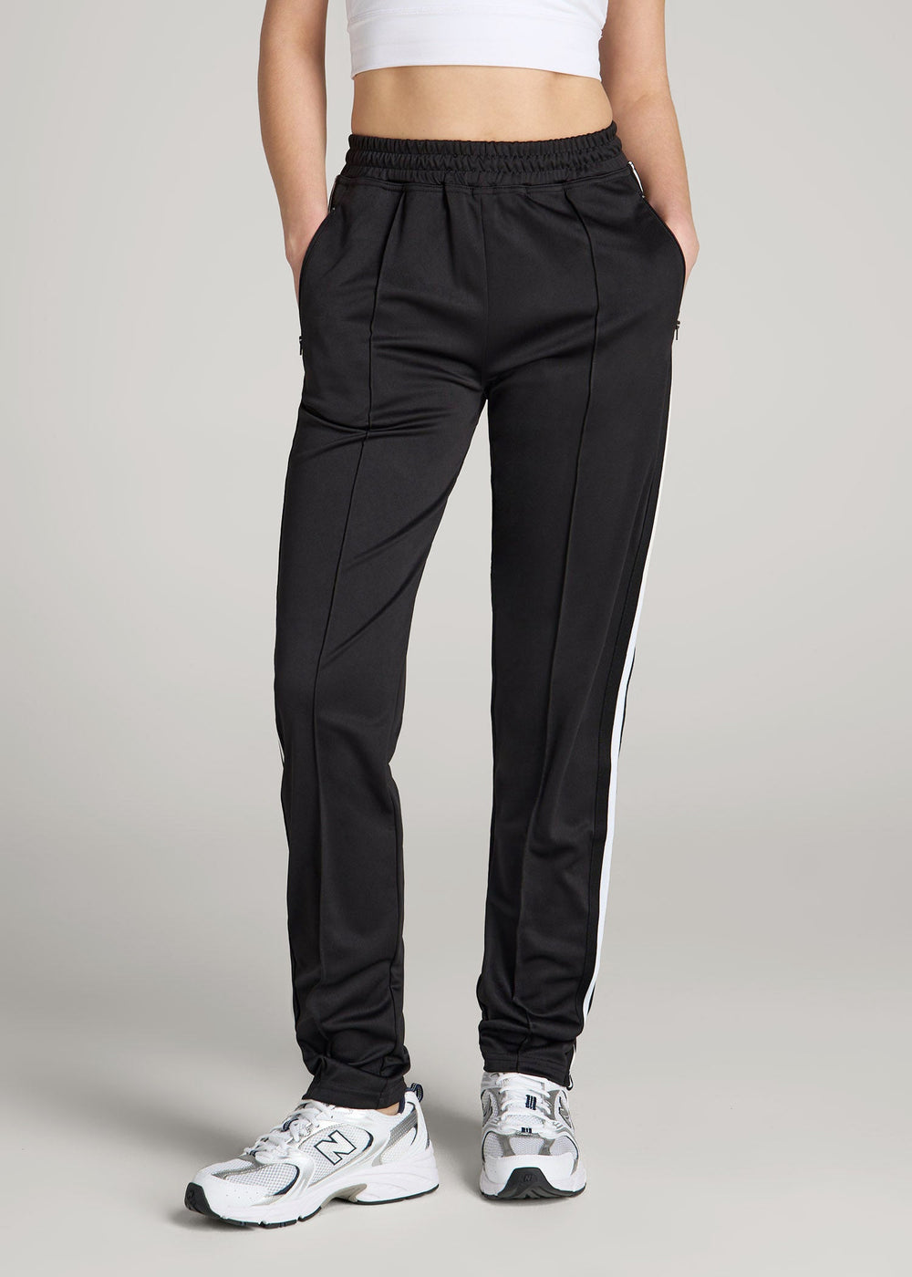 American Tall For Sale | Ultra Lightweight Tricot Athletic Stripe Pants for Tall Women in Black and White