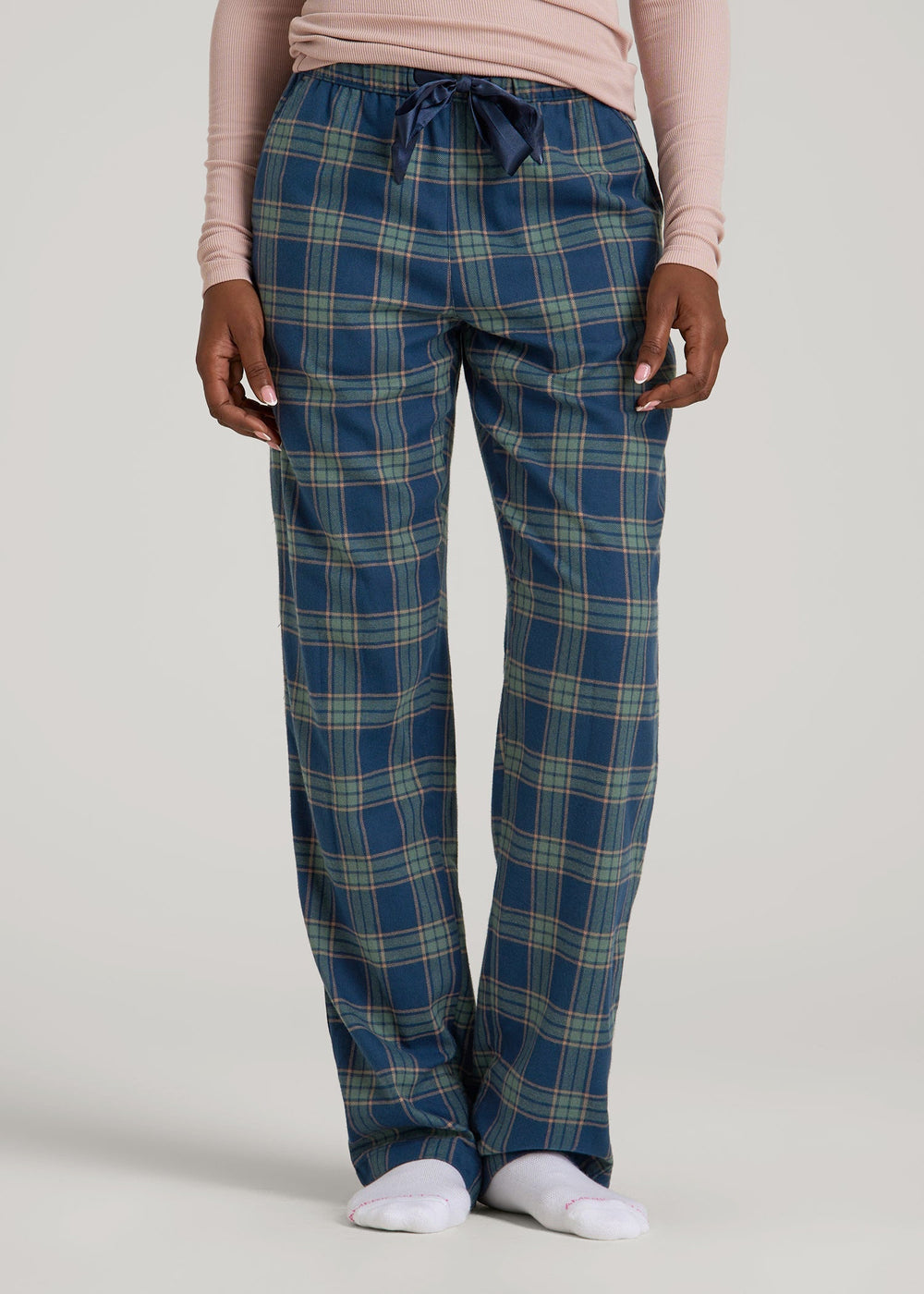 American Tall Online Shop | Tie Waist Flannel Pajama Pants for Tall Women in Navy and Balsam Green Plaid