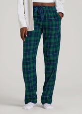 American Tall Discount | Tie Waist Flannel Pajama Pants for Tall Women in Green and Blue Plaid
