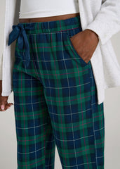 American Tall Discount | Tie Waist Flannel Pajama Pants for Tall Women in Green and Blue Plaid