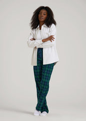 American Tall Discount | Tie Waist Flannel Pajama Pants for Tall Women in Green and Blue Plaid
