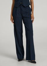 American Tall Online | High-Rise Wide-Leg Pleated Dress Pants for Tall Women in Navy Pinstripe