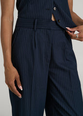 American Tall Online | High-Rise Wide-Leg Pleated Dress Pants for Tall Women in Navy Pinstripe