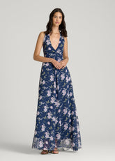 American Tall For Sale | Chiffon Maxi Halter Garden Dress for Tall Women in Dark Navy Floral