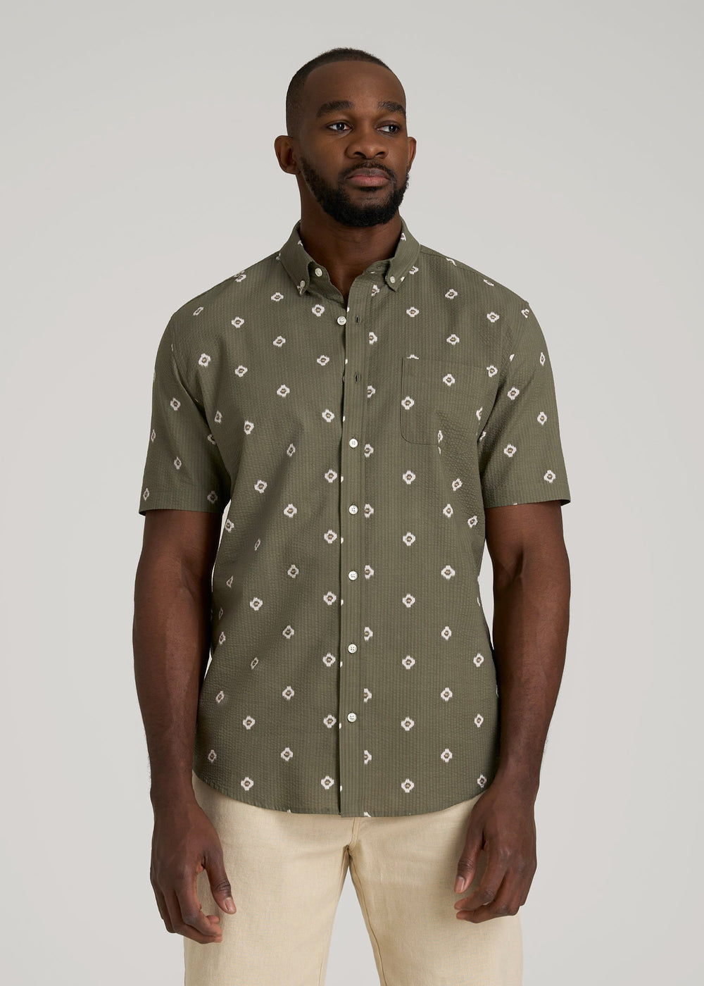 American Tall Online | Seersucker Short Sleeve Shirt for Tall Men in Olive and Beige Floral