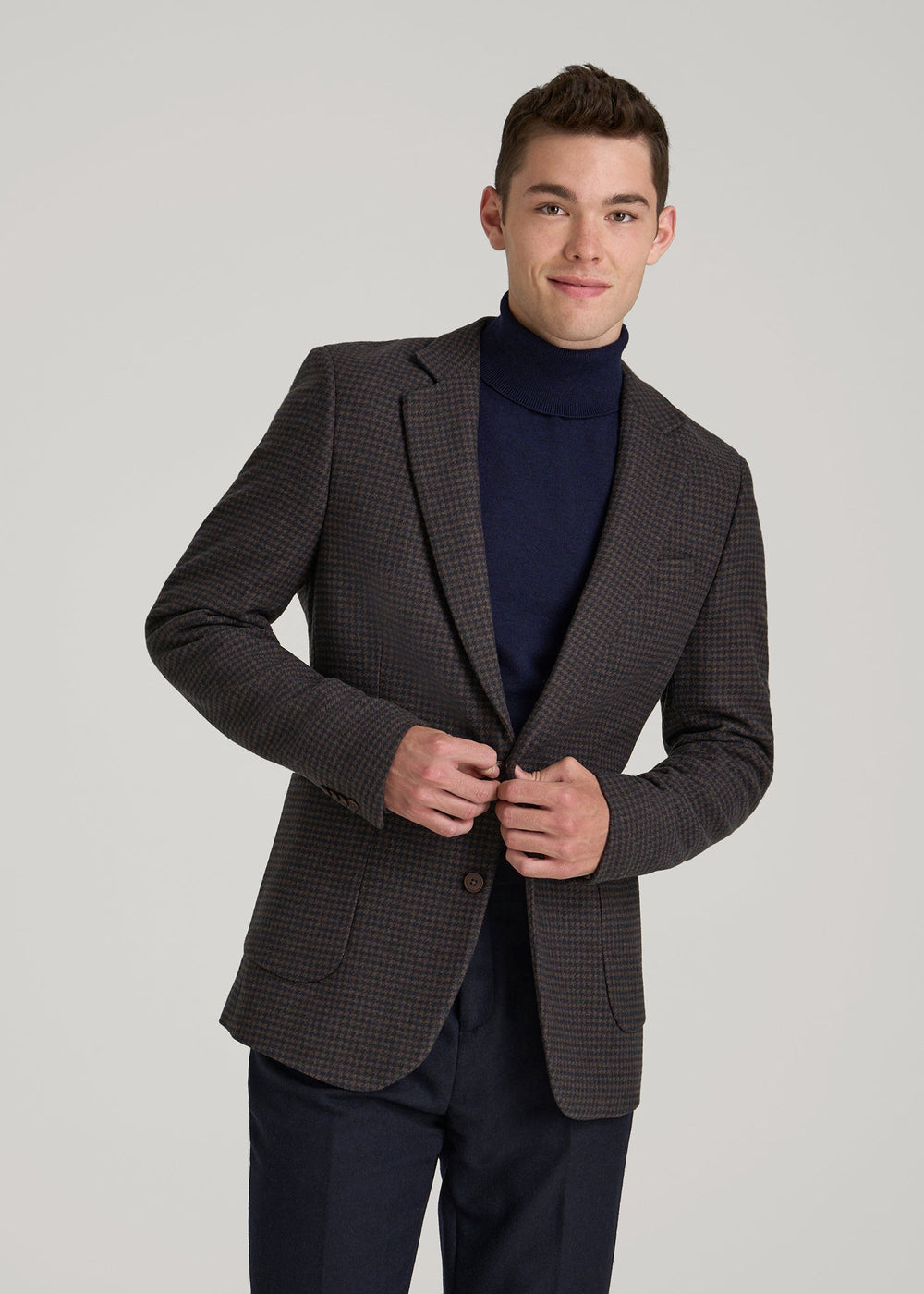 American Tall Outlet | Wool Blend Blazer for Tall Men in Indigo and Brown Houndstooth