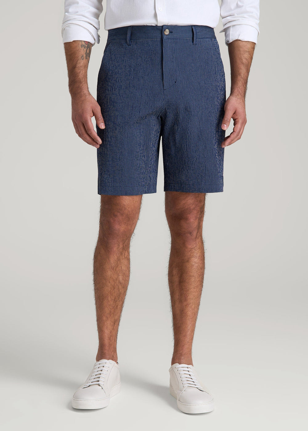 American Tall Outlet | Seersucker Shorts for Tall Men in Navy and Off White Stripe