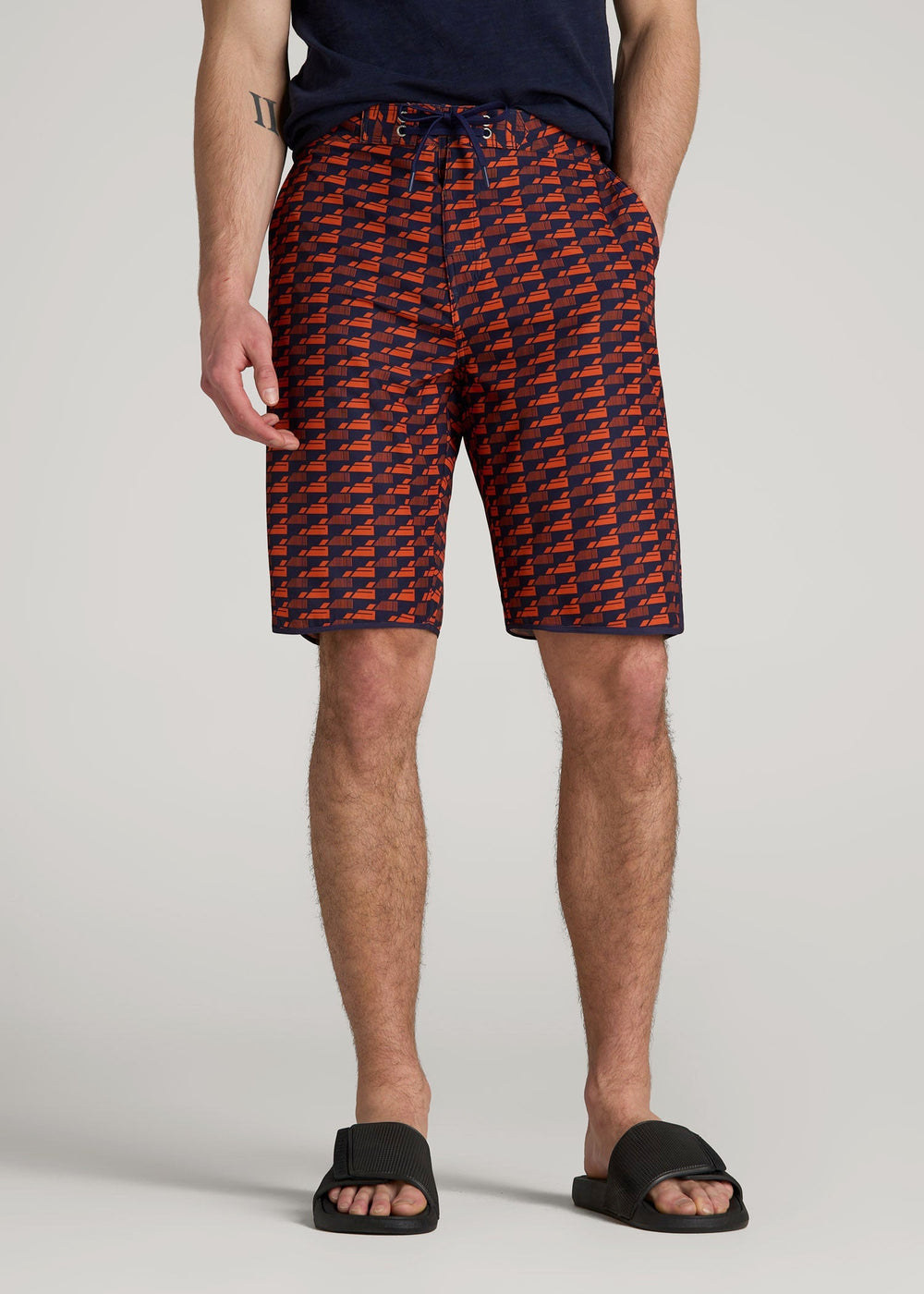 American Tall Discount | Hi-Tide Scallop Board Shorts for Tall Men in Bright Orange Geometric