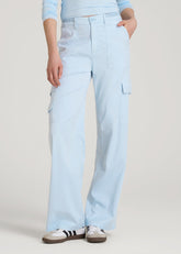 American Tall Discount | Garment Dyed Wide Leg Cargo Pants for Tall Women in Ice Blue