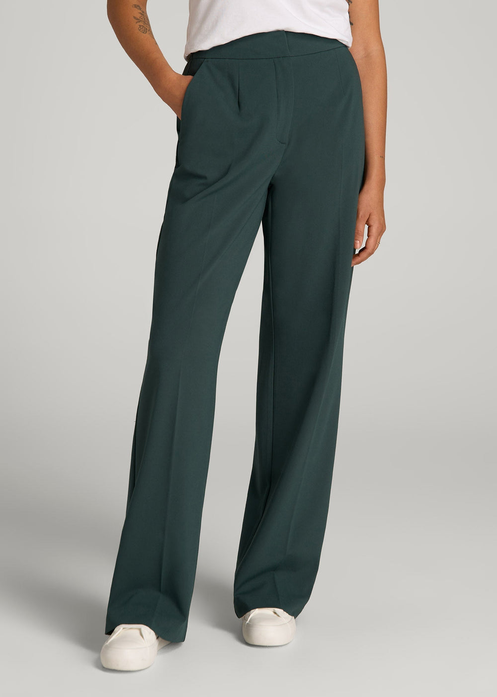 American Tall Outlet | Flat Front Wide Leg Dress Pants for Tall Women in Smoky Pine