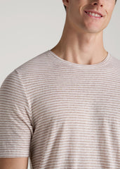 American Tall For Sale | Linen Crewneck T-Shirt for Tall Men in Beige and White Stripe