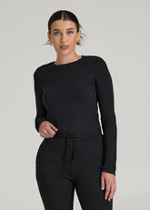 American Tall Discount | Lightweight Ribbed Cropped Lounge Shirt for Tall Women in Black