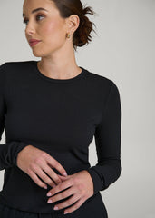 American Tall Discount | Lightweight Ribbed Cropped Lounge Shirt for Tall Women in Black