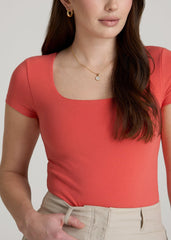 American Tall Sale | Cotton Blend Short Sleeve Square Neck Bodysuit for Tall Women in Sunset Coral