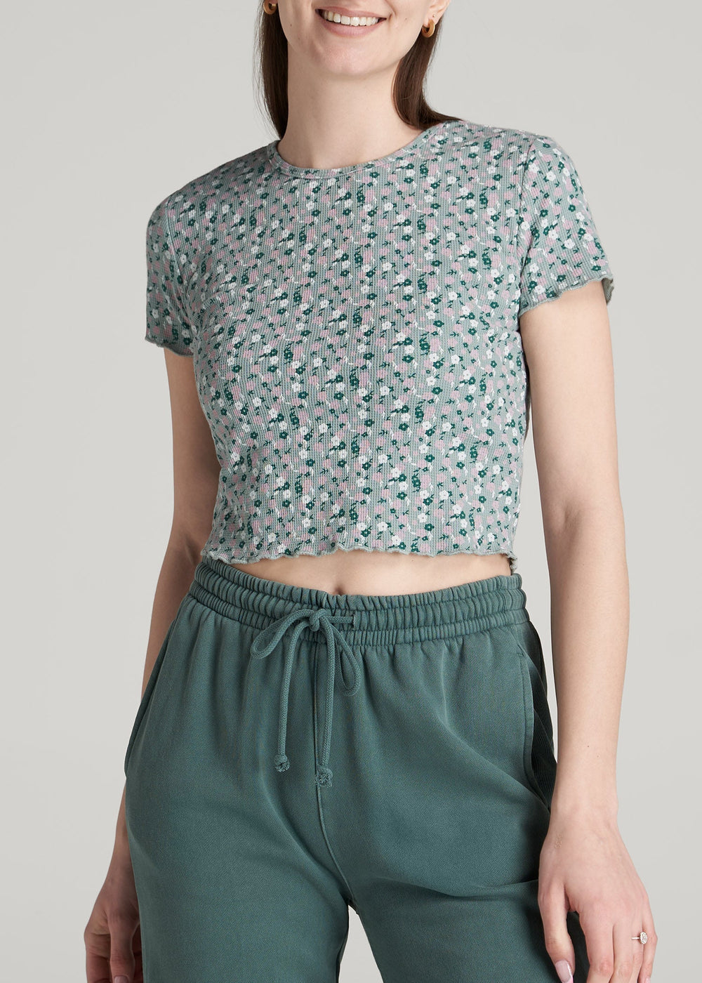 American Tall For Sale | Cropped Waffle Tee for Tall Women in Seaglass Floral