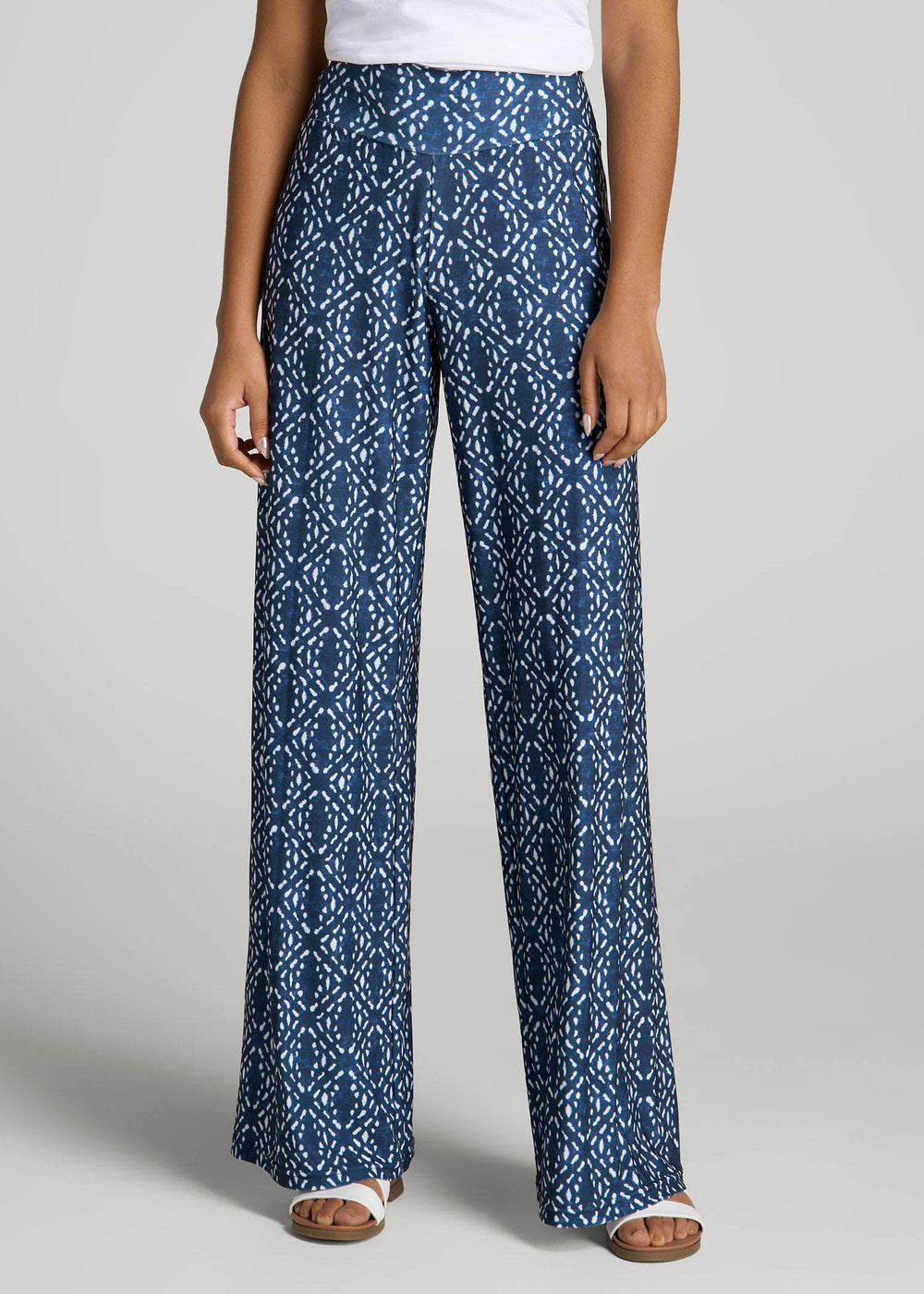 American Tall Sale | Pull-On Breezy Wide Leg Pants for Tall Women in Indigo Tribal Print
