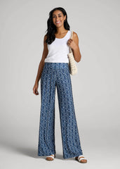 American Tall Sale | Pull-On Breezy Wide Leg Pants for Tall Women in Indigo Tribal Print