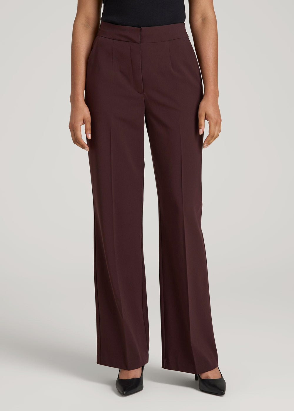 American Tall Discount | Flat Front Wide Leg Dress Pants for Tall Women in Oxblood