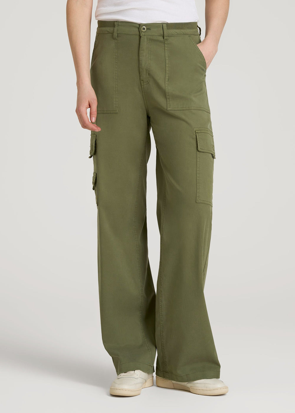 American Tall Discount | Garment Dyed Wide Leg Cargo Pants for Tall Women in Bright Olive