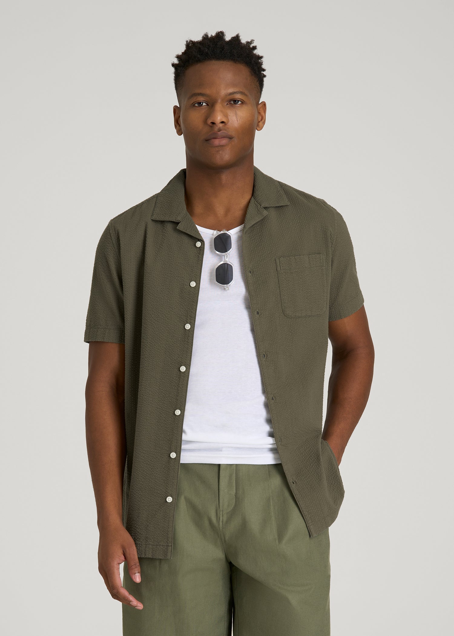American Tall Online | Seersucker Camp Collar Short Sleeve Shirt for Tall Men in Olive