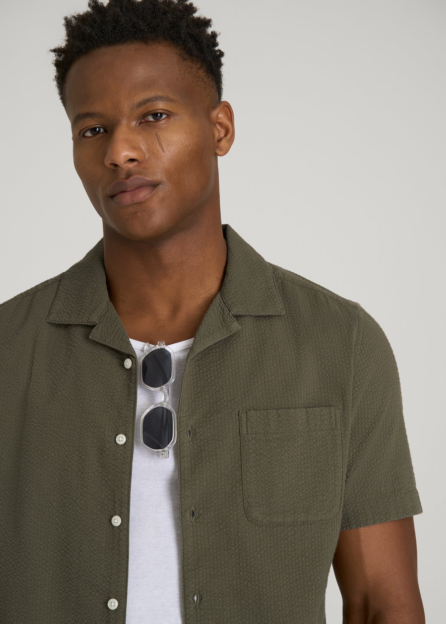 American Tall Online | Seersucker Camp Collar Short Sleeve Shirt for Tall Men in Olive