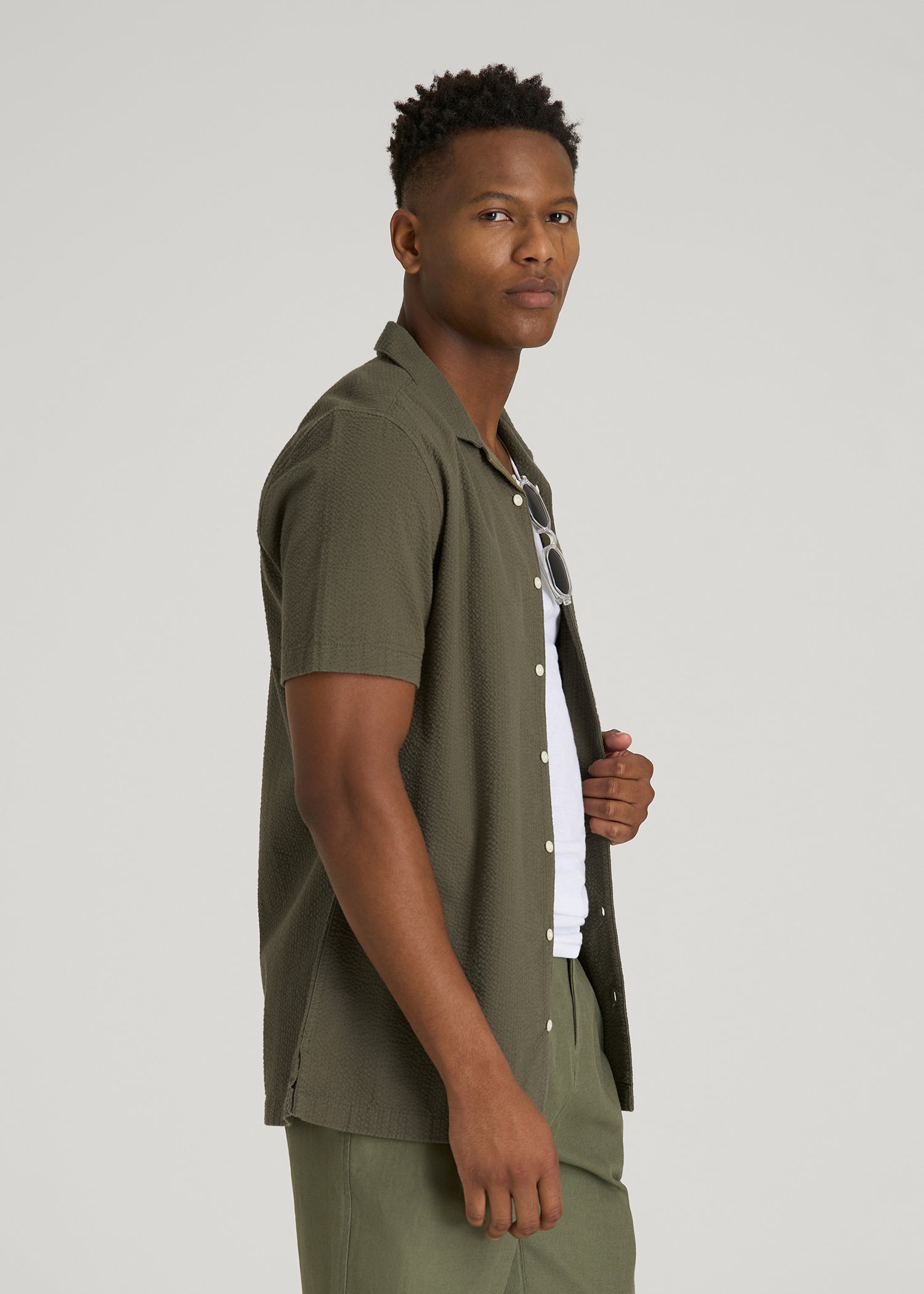 American Tall Online | Seersucker Camp Collar Short Sleeve Shirt for Tall Men in Olive